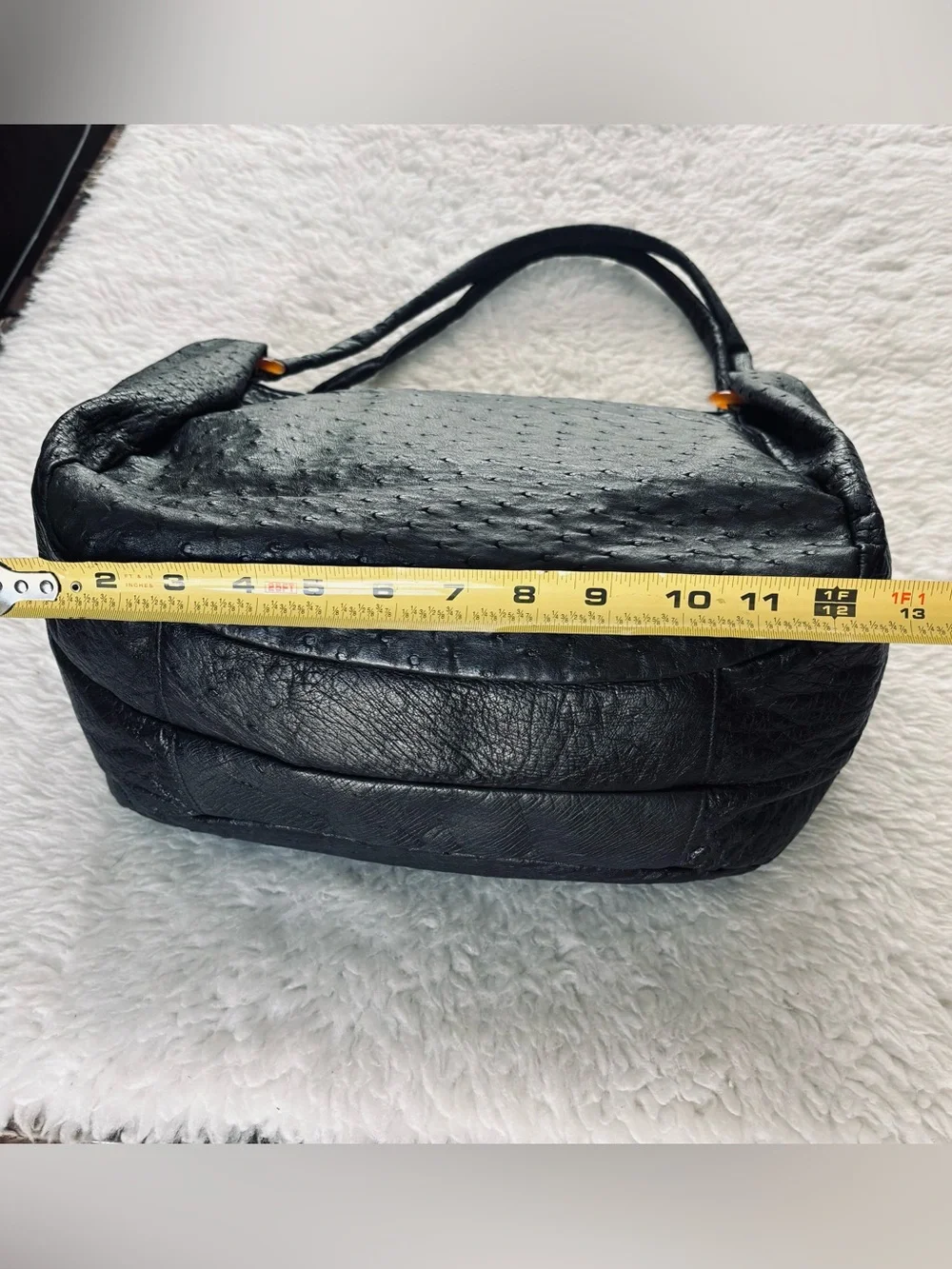 Vintage Black Genuine Ostrich Skin Leather Large Satchel Bag Size 13”x11”x7”